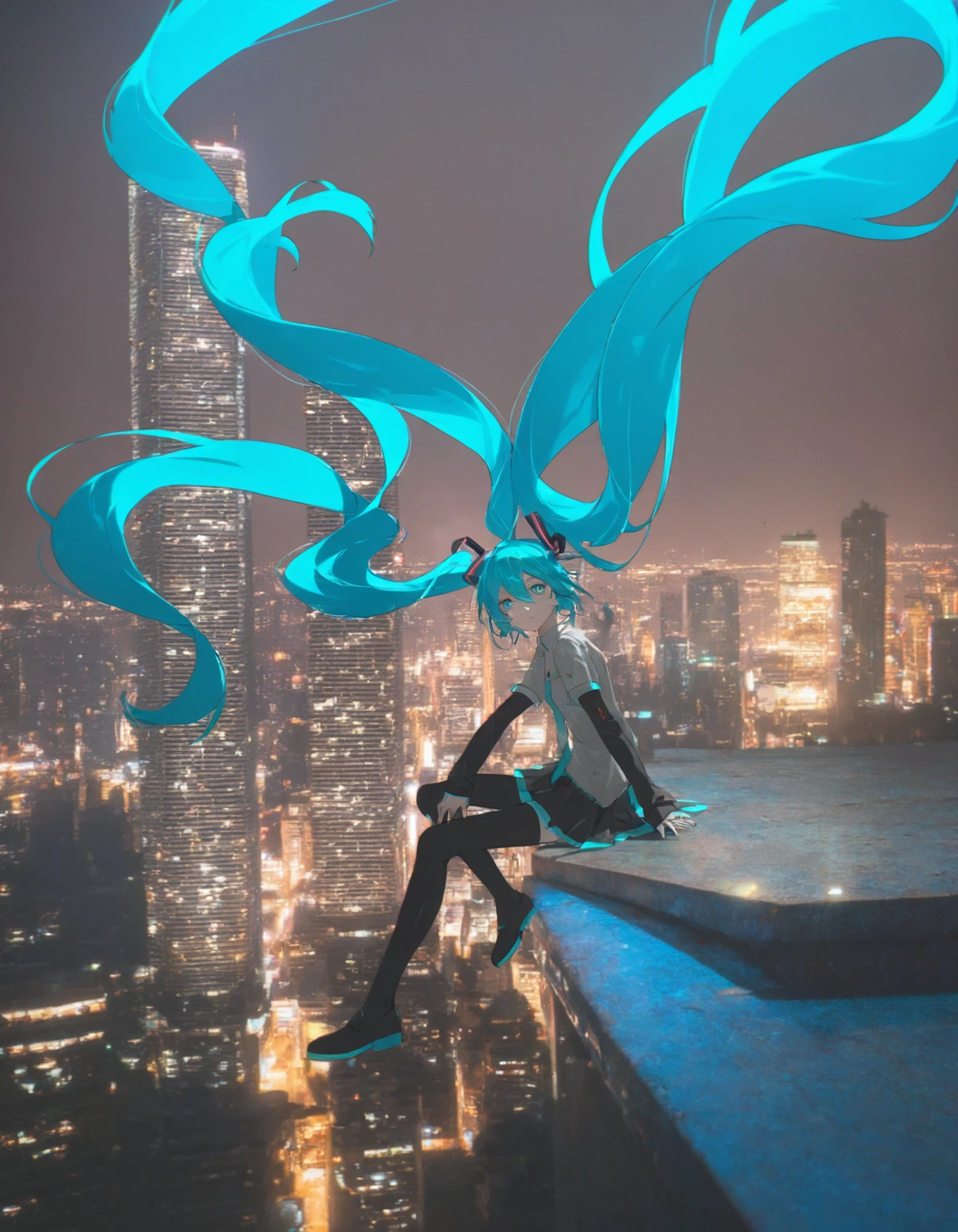 an anime girl with blue hair sitting on the edge of a building in front of a city, dark, night, photo background, 1girl, solo, hatsune miku, sitting, absurdly long hair, floating hair, amazing quality, <lora:Y_XNight:0.6>