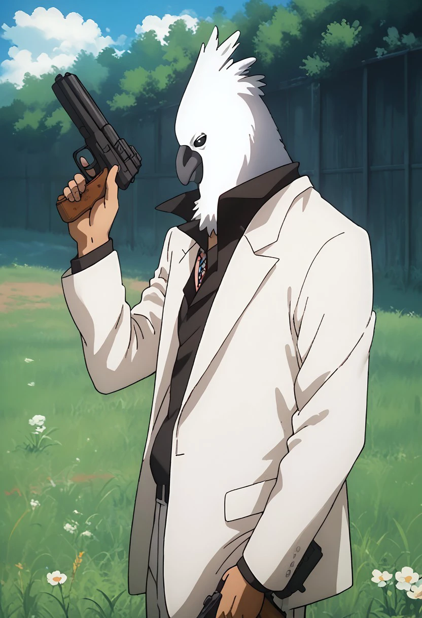 score_9, score_8_up, score_7_up, source_anime, rating_safe, Billykawa, 1boy, male focus, white formal wear, holding gun, dynamic composition, blurry grass outdoors, ex-yakuza has his ways of staying under the bridge