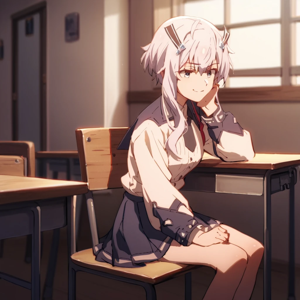 score_9, score_8_up, score_7_up, score_6_up, score_5_up, score_4_up, source_anime,  MishaNECRON, skirt, school uniform, smirk, sitting, class room,