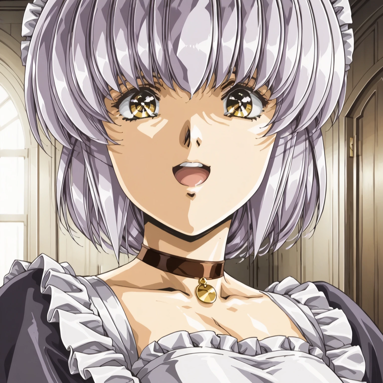 <lora:FI_SophiaXLpony002>,
smile,looking at viewer,close-up,open mouth,
solo,
Sophia,1girl,light purple hair,short hair,sidelocks,yellow eyes,
large breasts,
maid headdress,
choker,
maid,
indoors,