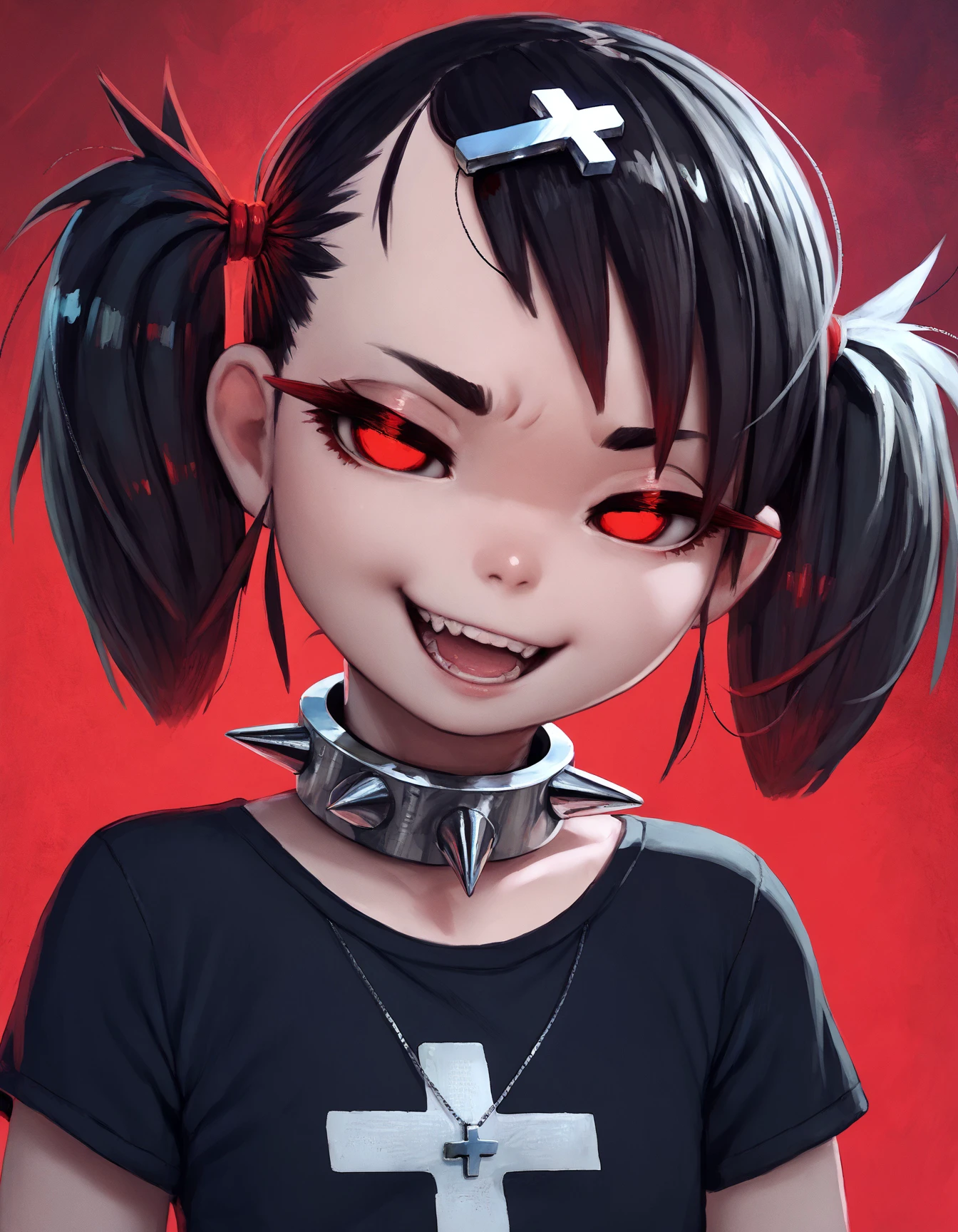 score_9, score_8_up, score_7_up, score_6_up, score_5_up, score_4_up, front view, close-up, upper body, simple background, black background, abstract background, red background, looking at viewer, red eyes, black hair, narrowed eyes, open mouth, smile, smug, head tilt, solo, female, human, short hair, pigtails, cross hairpin, spiked collar, black t-shirt, standing