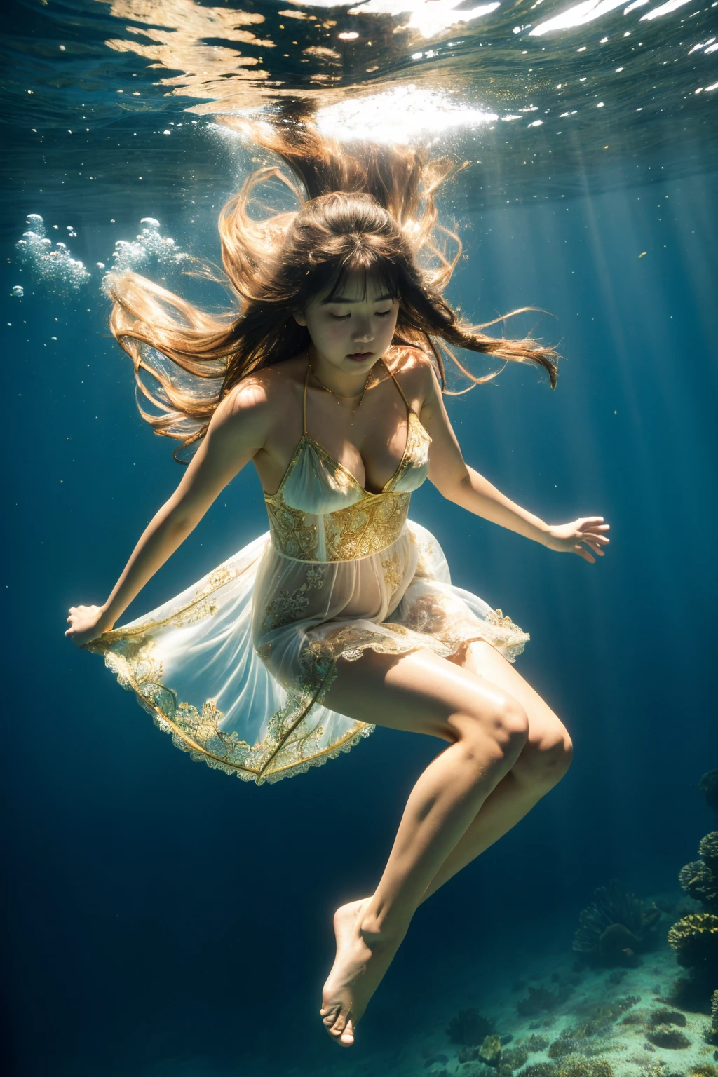 best quality, masterpiece, raw photo of a 1girl diving down underwater which in wet floral lace see-through long white dress which often for ornate details and gold jewelry, floating long brown hair, shy cute face, far side high key light, professional cinematic, hard shadow, soft bokeh, professional photography, balanced contract, balanced exposure, show cleavage, bare feet, show legs, diving:1.3