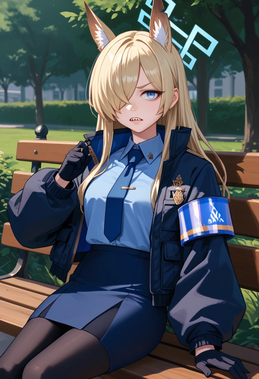 score_9, score_8_up, score_7_up, source_anime, solo, 1girl, kannadef, sharp teeth, looking at viewer, sitting, park bench, hair over one eye, animal ears, extra ears, blue halo, black jacket, open jacket, long sleeves, armband, blue shirt, collared shirt, blue necktie, tie clip, black gloves, blue skirt, pencil skirt, black pantyhose, outdoors <lora:ba_ogatakanna_ponyXL:1>