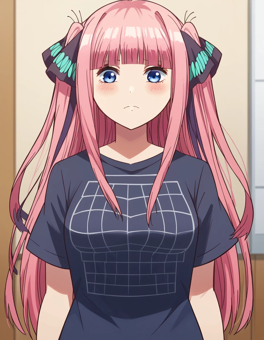 score_9, score_8_up, score_7_up, source_anime, ninonakano, <lora:nino-nakano-s1-ponyxl-lora-nochekaiser:1>, nino nakano, long hair, bangs, blue eyes, hair ornament, hair ribbon, pink hair, blunt bangs, two side up, butterfly hair ornament, mature female,, <lora:illusion-grid-t-shirt-ponyxl-lora-nochekaiser:1>, illusion grid t-shirt, optical illusin, long shirt, no panties,, indoors, blush,, cowboy shot, dutch angle,