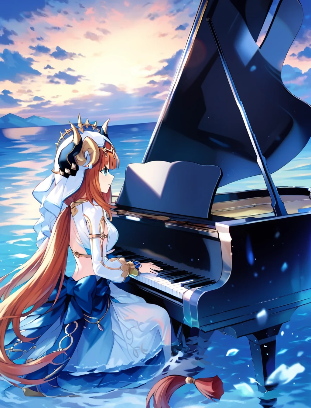 1girl,tsunako, totoki86,
nilou \(genshin impact\),blue gemstone,horns,looking to the side,on water,ocean,playing piano, grand piano,      <lora:grand_pianoSY2:1>, masterpiece, newest, absurdres,safe