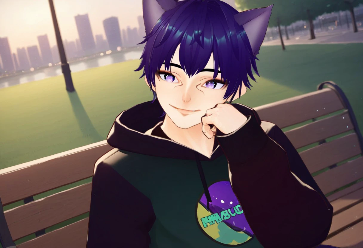 end_vtuber_dusk, 1boy, male focus, solo, animal ears, hoodie, hood, cat ears, purple eyes,  smile,  purple hair, sitting, park bench, virtual youtuber, gradient hair, specular highlights, side lighting, city view, outdoors, extreme light and shadow, cinematic lighting, cinematic angle, score_9, score_8_up, score_7_up, score_6_up, score_5_up, score_4_up,