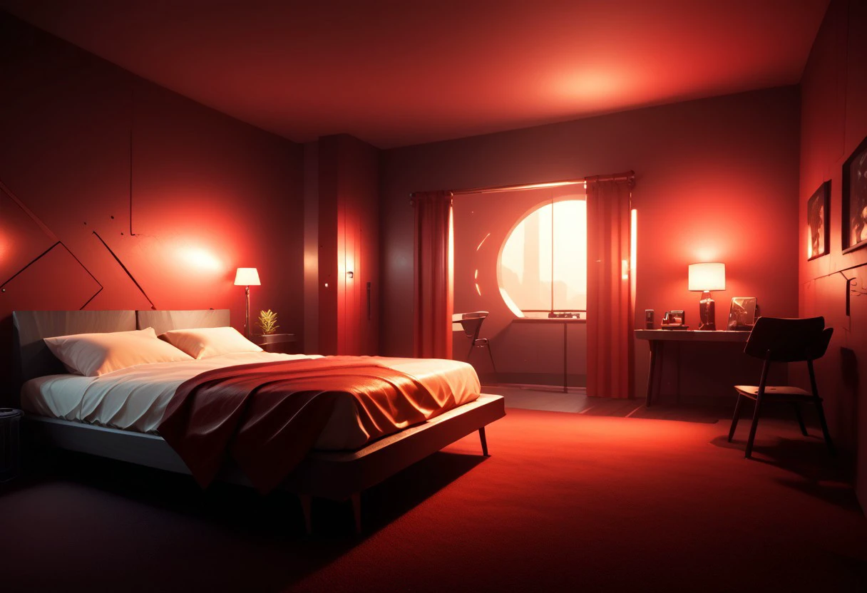 EnD_CyberFutureLandscape Style, indoors, romantic futuristic bedroom, red theme,  specular highlights, side lighting, extreme light and shadow, cinematic lighting, natural lighting, score_9, score_8_up, score_7_up, score_6_up, score_5_up, score_4_up,