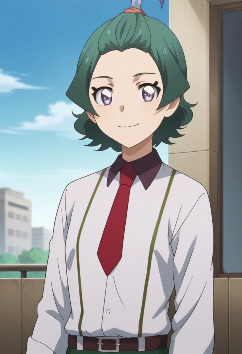 score_9, score_8_up, score_7_up, source_anime, highly detailed, 
ayu, solo, 1girl, smile, green hair, necktie, shirt, red necktie, topknot, standing, long sleeves, multicolored hair, grey eyes, closed mouth, white shirt, looking at viewer collared shirt, short hair, purple hair, upper body,
outdoor, sky, blue sky, shinkansen,