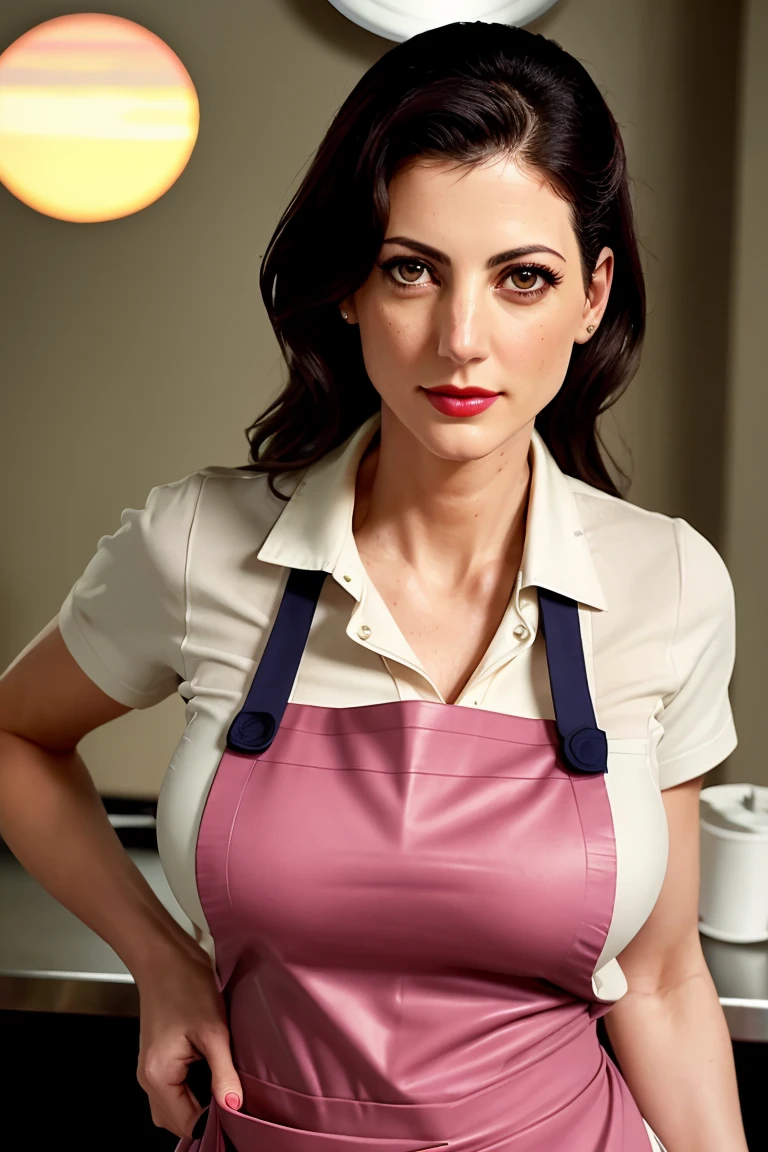 juliabenson,((red lipstick, blush)), ((detailed eyes, detailed face)), ,  photo of a woman, ((apron, shirt, waitress outfit, notepad, diner, sunrise)), slight smile