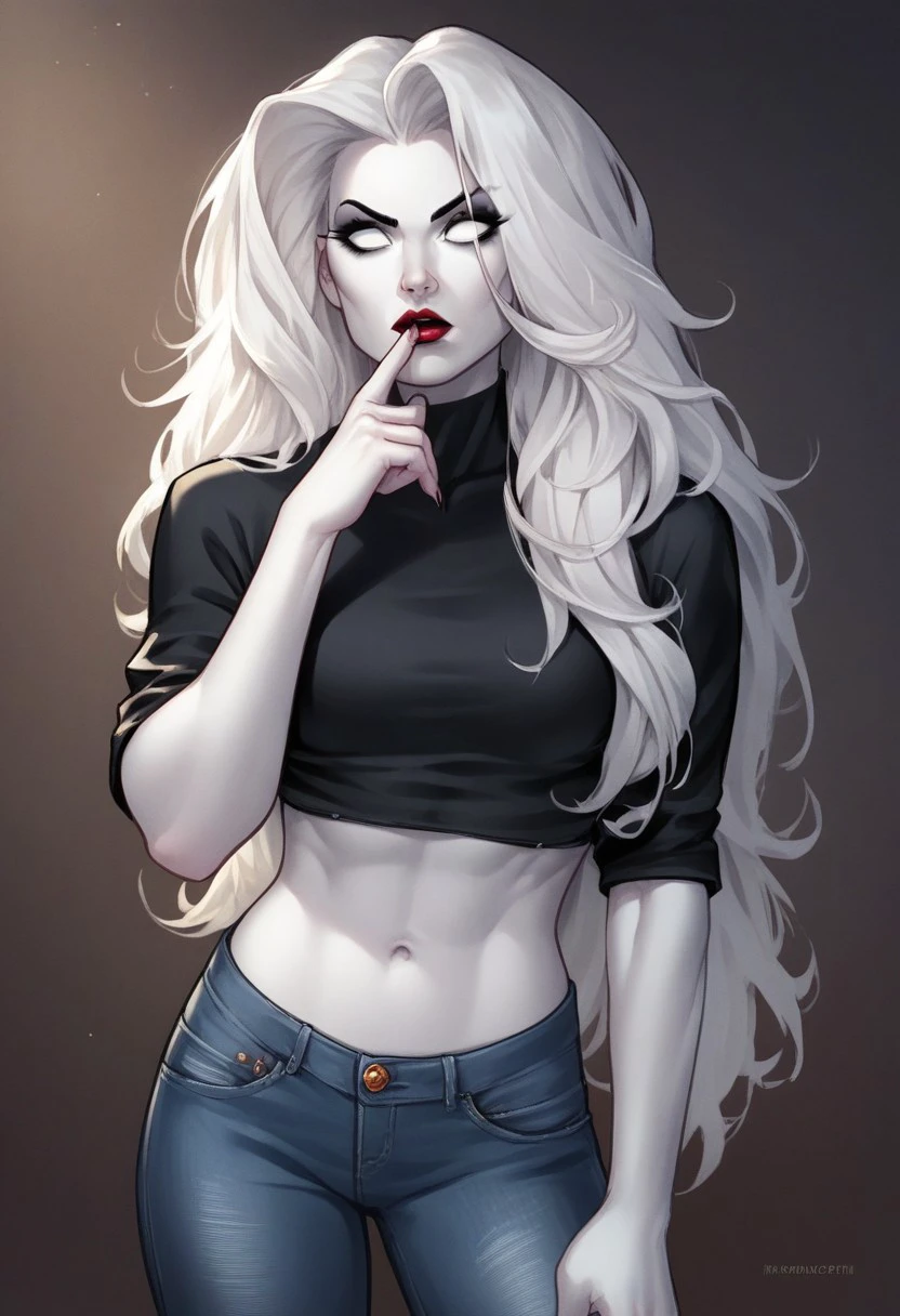 Lady_Death, 1girl, solo, long hair, lnavel, denim pants, black shirt, white hair, makeup, colored skin, lipstick, pale skin, finger to mouth, no pupils, white skin, white eyes, score_9, score_8_up, score_7_up, score_6_up, score_5_up, score_4_up,