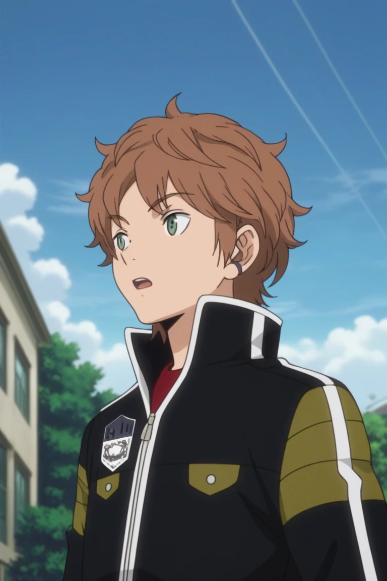 score_9, score_8_up, score_7_up, score_6_up, zPDXL2, detailed, intricate details,cowboy shot,best quality ,source_anime, male focus,
shun midorikawa, brown hair, green eyes, black jacket, red shirt, zipper, earpiece, 1boy, male focus, open mouth, solo, jacket, anime coloring, official style, upper body, parody, cloud, fake screenshot, sky<lora:EMS-413640-EMS:1.000000>