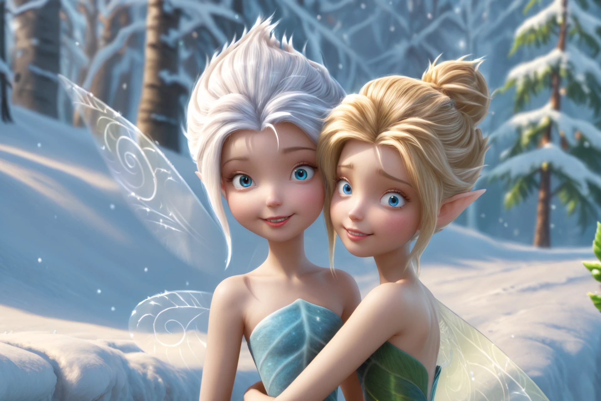 (2girls, fairies, enlarged surroundings, winter, snow:1.3), (masterpiece, top quality, best quality, detailed scenery background, official art, beautiful and aesthetic, extremely detailed, best quality, absurdres:1.3), (detailed realistic shiny skin:1.3) with (highlights:1.2), (detailed natural lighting, depth of field:1.3) (hyperrealistic:1.5), vivid 16k colorful hdr, highest detailed, (young:1.5), (slender:1.5), (skinny:1.2), (petite:2), (delicate:1.6), (beautiful detailed eyes:1.2), <lora:XL-adjuster_Age-Slider_myNTC:-3><lora:skinny:0.4>, score_8, score_7, score_9, score_8_up, score_7_up, score_6_up, score_5_up, score_4_up, (closeup:1.2);BREAK, <lora:MPXL-char_Periwinkle_[p3r1w1nkle]_v1-000015-[7-7]:1> (periwinkle, tiny frost fairy, white hair, (smiling, happy:1.3):1.3);BREAK, (tinkerbell, fairy, blonde hair bun, shivering, hugging another, chilled, cold, goosebumps, leafy dress:1.3), (blue lips:1.1), ((nervous scared awkward grin:1.2):1.3)