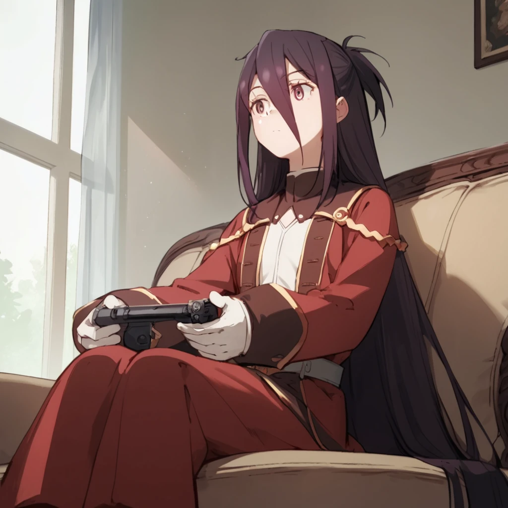 score_9, score_8_up, score_7_up, score_6_up, score_5_up, score_4_up, source_anime,  ZeshiaKanon, military uniform, sitting, couch, watching tv,