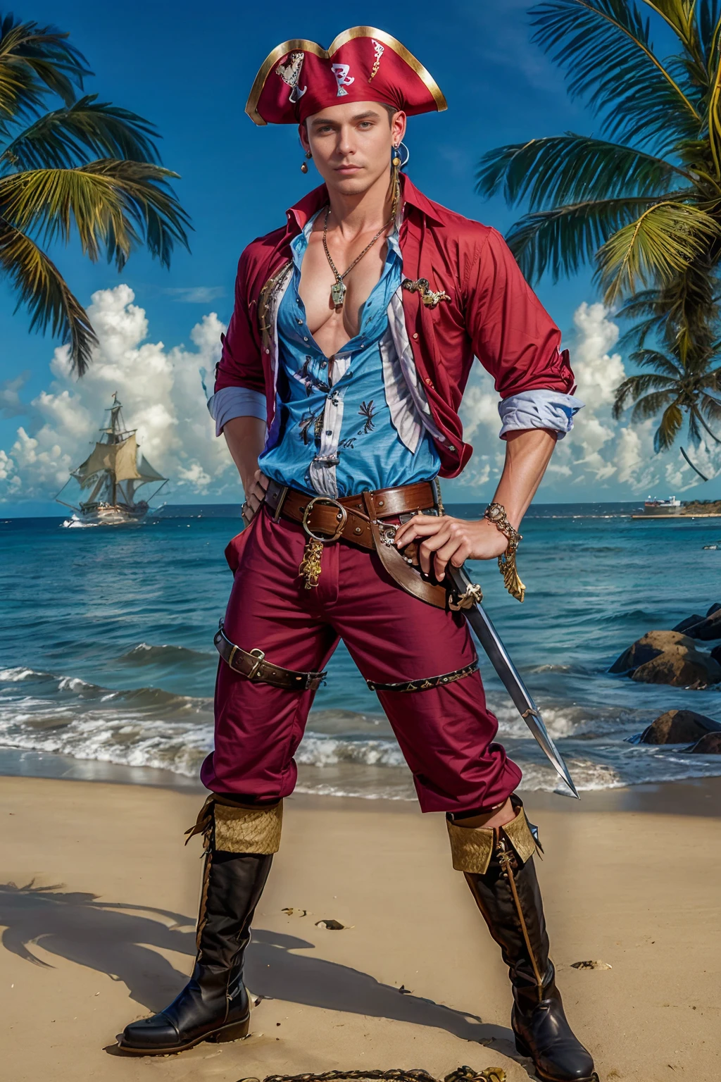 Caribbean beach, ship on the ocean in the background, JedAthens is a sexypirate, (shirt:1.5), vest, pirate hat, pants, boots, belt, earrings, necklace, holding a sword,  (((full body portrait))), wide angle  <lora:Clothing - Sexy Pirate:0.50>  <lora:JedAthens:0.8>