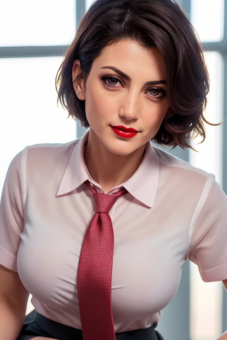 juliabenson,((red lipstick, blush)), ((detailed eyes, detailed face)), ,photo of a woman, RAW, ((necktie, shirt,thighhighs, skirt)),((short hair)), ((school cafeteria, tables, windows)), slim body, 8k uhd, dslr, soft lighting, high quality, film grain, Fujifilm XT3 sharp focus, f 5.6,((red lipstick, blush)) , slight smile, ((detailed eyes, beautiful eyes, detailed face, beautiful face)),