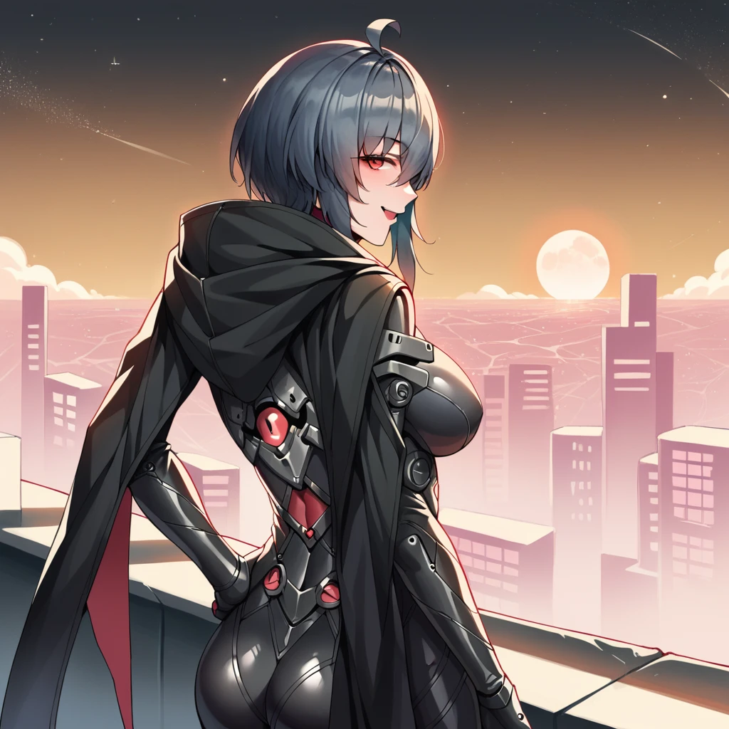 score_9_up, score_8_up, score_7_up, score_6up, source_anime, 1girl, solo, Raven, Raven_Def, masterpiece, best quality, neon lights, moon light, standing rooftop, windy, hand on hip, from behind, looking back at you, confident smile, open mouth, short hair, black hair, red eyes, hair between eyes, black bodysuit, covered navel, black cloak, ahoge, dynamic cowboy shot, mature body, outdoors, cyberpunk, stars, cityscape background,