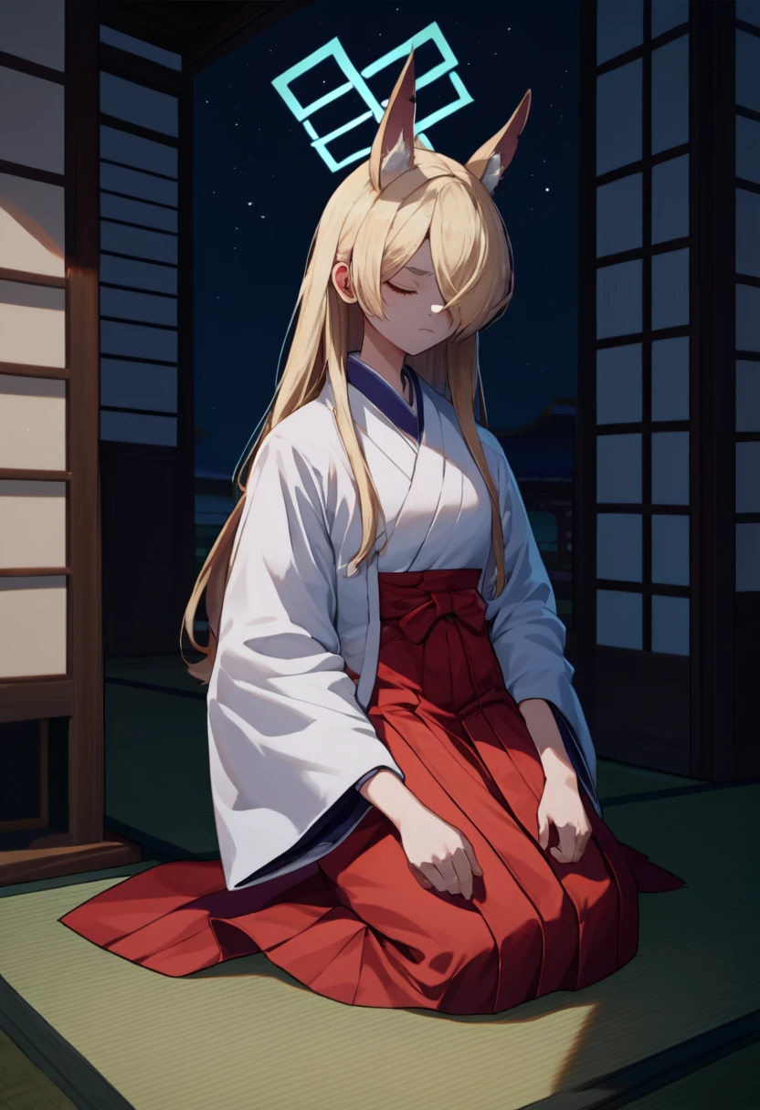 score_9, score_8_up, score_7_up, source_anime, solo, 1girl, kannadef, expressionless, closed mouth, kneeling, hair over one eye, animal ears, extra ears, blue halo, closed eyes, japanese clothes, white kimono, red hakama, hakama skirt, indoors, east asian architecture <lora:ba_ogatakanna_ponyXL:1>