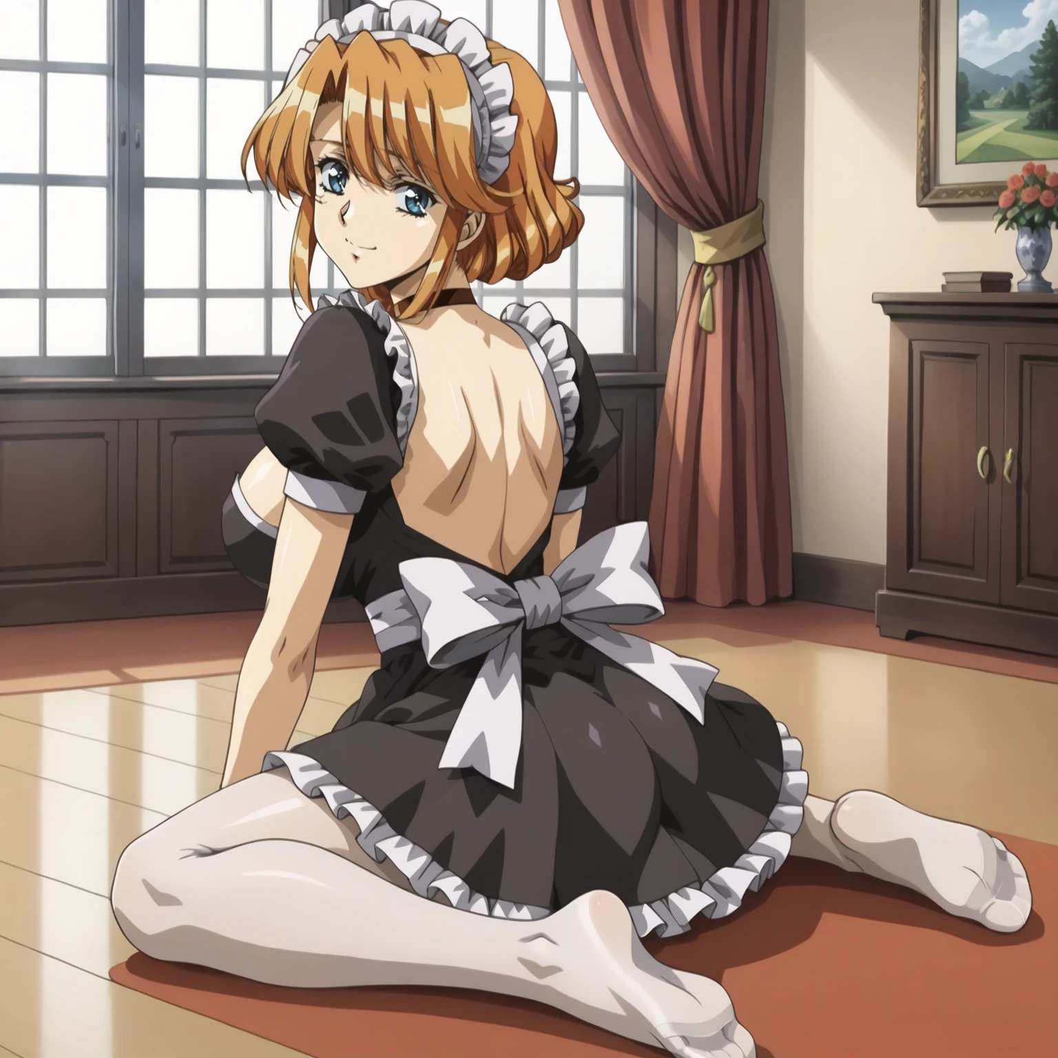 <lora:FI_AineXLpony002>,
smile,
solo,
Aine,1girl,orange hair,middle hair,sidelocks,blue eyes,
large breasts,
maid headdress,
choker,
maid,
white_pantyhose,
indoors,
full body,sitting,looking back,