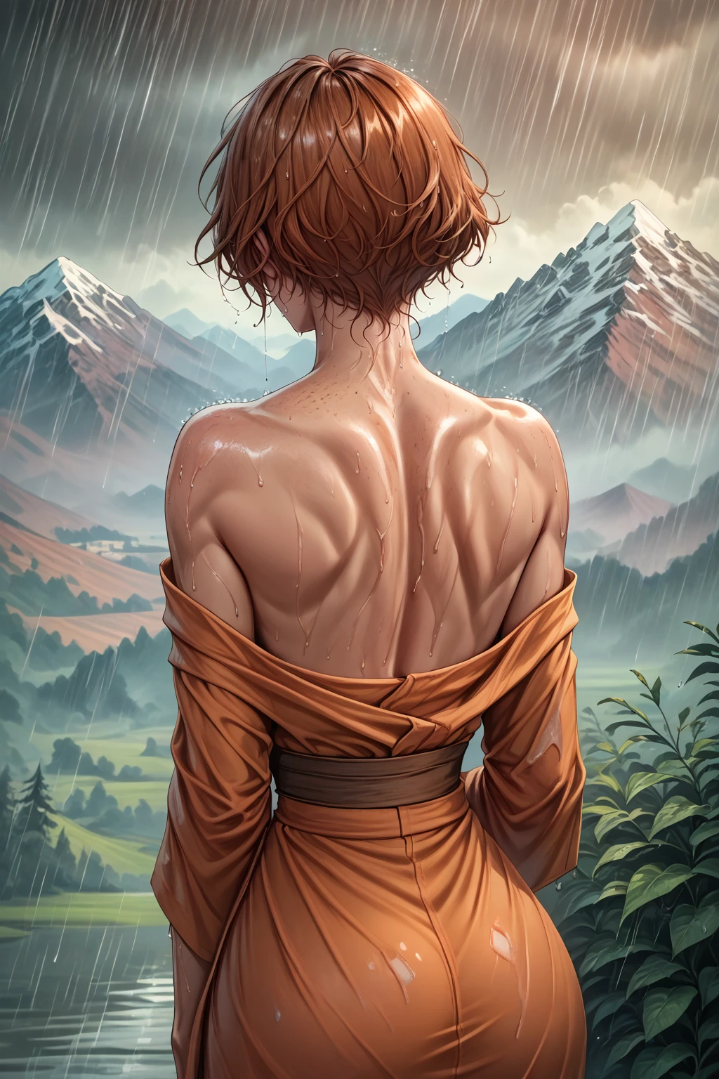 score_9, score_8_up, 1girl, solo, <lora:NSDorothyFE6:1> NSDorothyFE6, freckles, brown hair, short hair, from behind, bare shoulders, toned, mountains, orange kimono, wet, raining