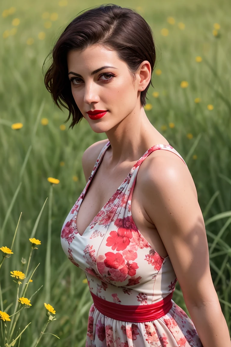 juliabenson-3108,((red lipstick, blush)), ((detailed eyes, detailed face)), ,photo of a woman, RAW, close portrait photo, ((beautiful floral print sundress)),((short hair, pixie cut)), ((outdoors, gorgeous meadow, walking)), 8k uhd, dslr, soft lighting, high quality, film grain, Fujifilm XT3 sharp focus, f 5.6,((red lipstick, blush)) , slight smile,