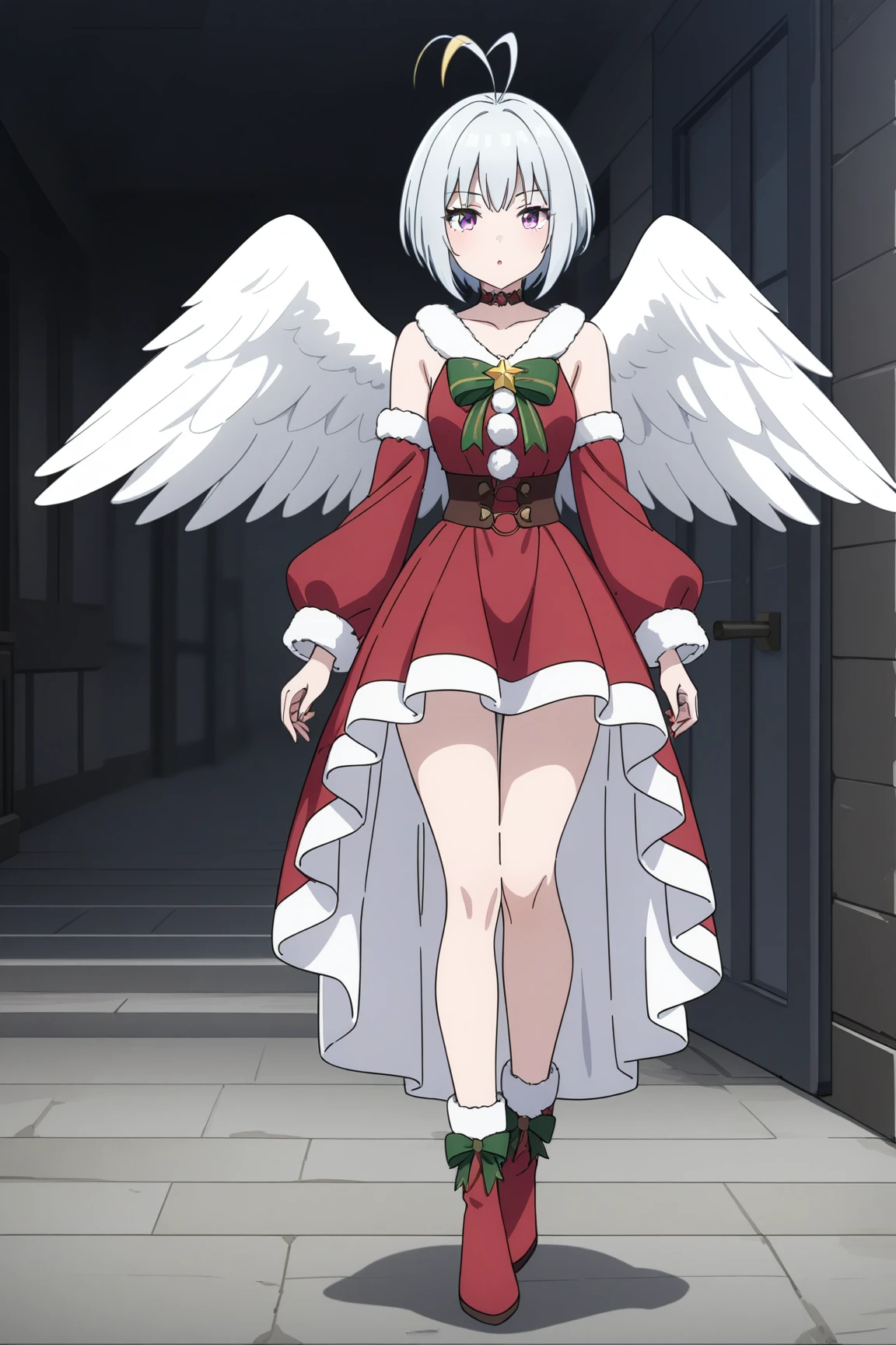 (santa clothes), tny-fitoria, choker, white wings, 1girl, solo, narrow waist, masterpiece, absurdres, high quality, highres, best quality, (full body:1.20), recent <lora:tny-fitoria-V02:0.4>