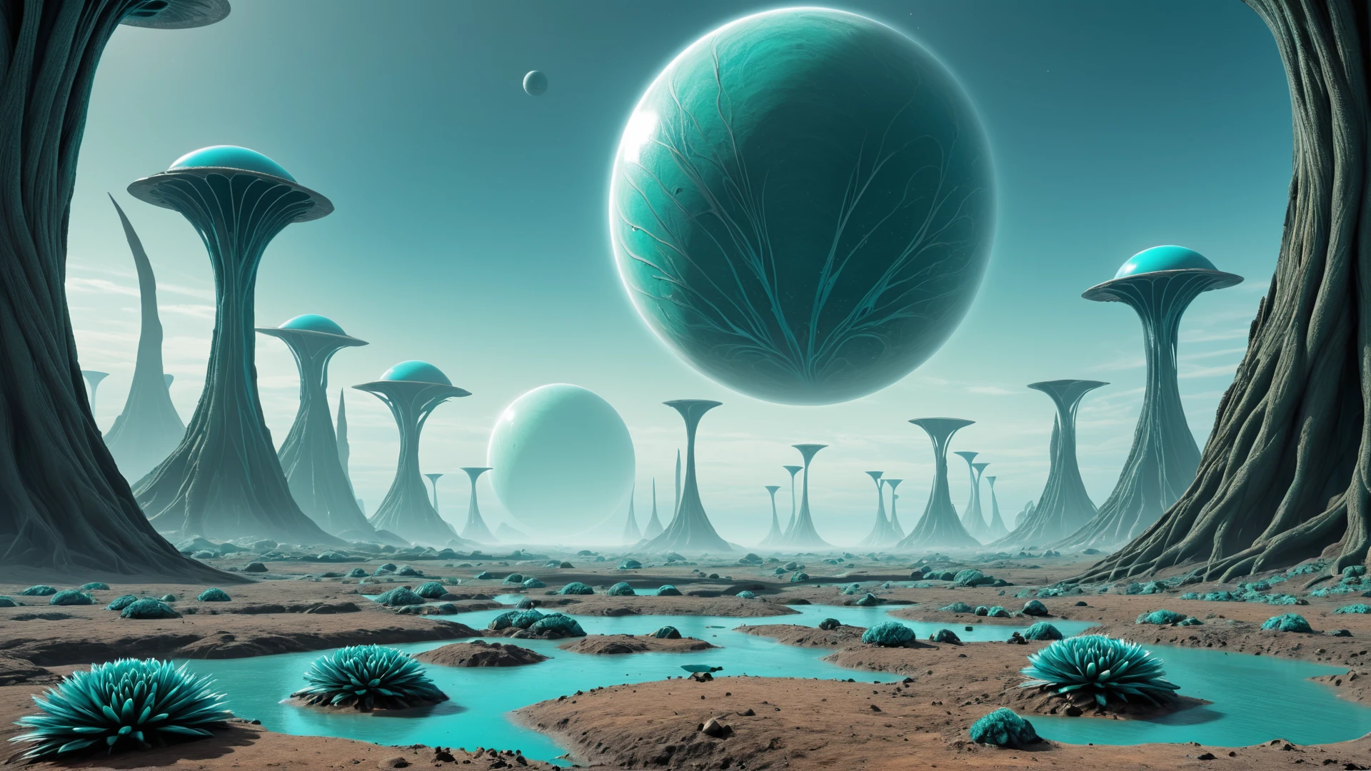 <lora:artfullyENVIRON_SDXL_V1:1>, alien planet, biome, environment setting, teal plains