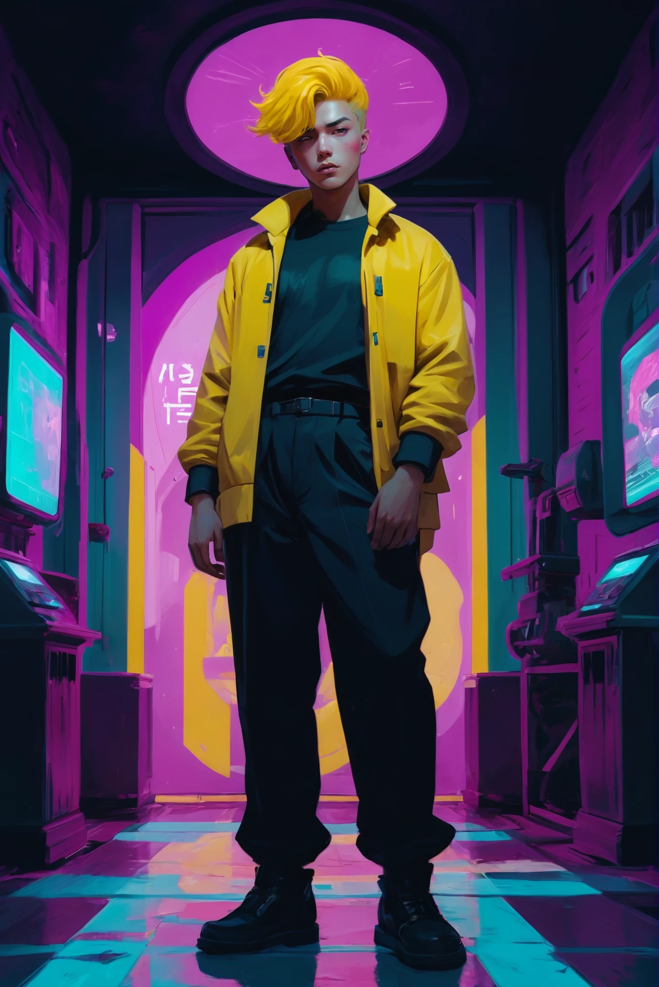 <lora:EnvyVaporwaveColorSchemeXL01:1.5>warlike retro 1950s scifi, vaporwave man, (full body:1.2), 1boy, man, handsome, solo, [:creative costume design,:0.2] plasma alchemist, korean, vivid palegoldenrod hair, (slim:1) build, mega mall in a dingy fantasy cosmic arcology outside of time, masterpiece