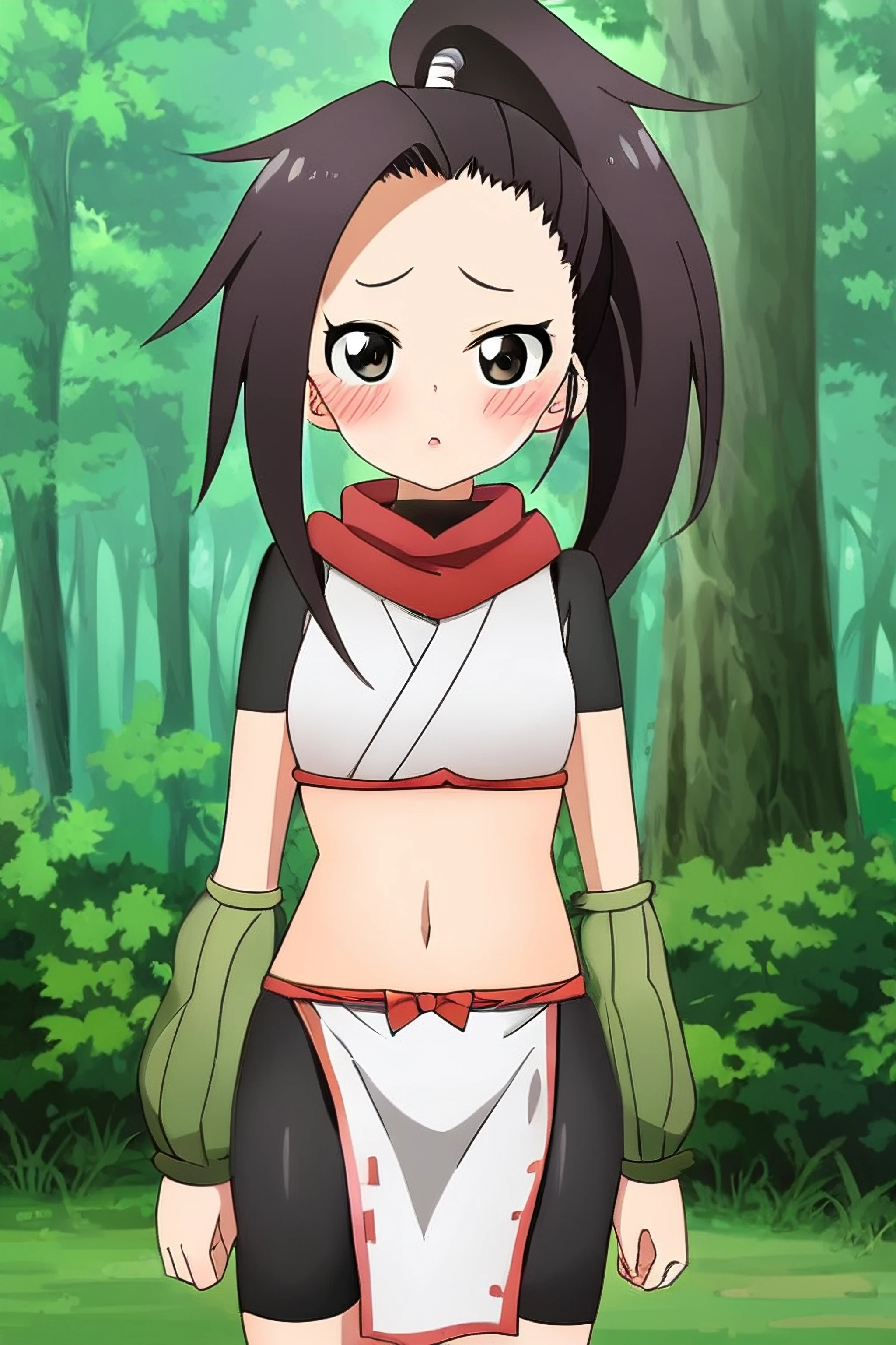 <lora:kunoichitsubaki:0.7> kunoichitsubaki, 1girl, solo, ponytail, red scarf, crop top, bike shorts, pelvic curtain, green arm warmers, outdoors, forest, blush, 8k, highly detailed