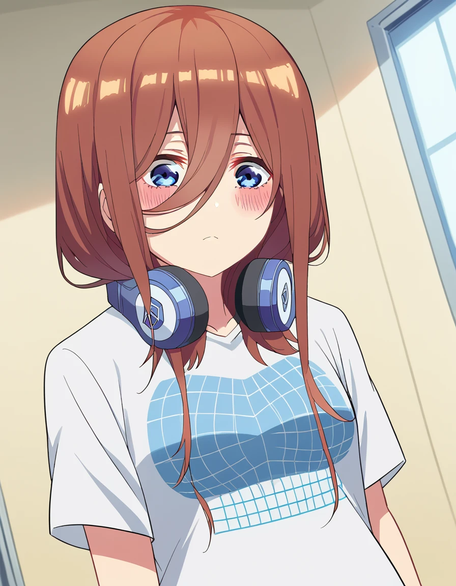 score_9, score_8_up, score_7_up, source_anime, mikunakano, <lora:miku-nakano-s2-ponyxl-lora-nochekaiser:1>, miku nakano, long hair, bangs, blue eyes, brown hair, hair between eyes, headphones, headphones around neck,, <lora:illusion-grid-t-shirt-ponyxl-lora-nochekaiser:1>, illusion grid t-shirt, optical illusin, long shirt, no panties,, indoors, blush,, cowboy shot, dutch angle,