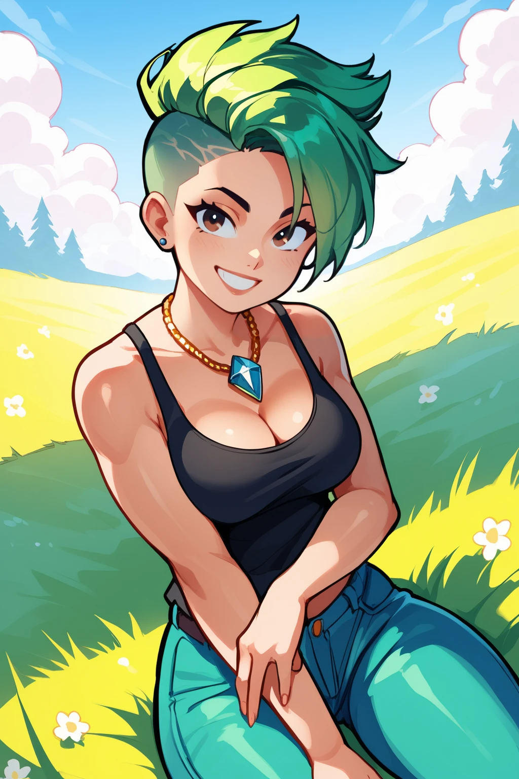 score_9, score_8_up, score_7_up, masterpiece, high quality, BREAK
 <lora:Multiplylayer stylePonyLyco:1>1girl, hetero, looking at viewer, solo, breasts, smile, tank top, cleavage, pants, necklace, undercut, green hair, laying on grass