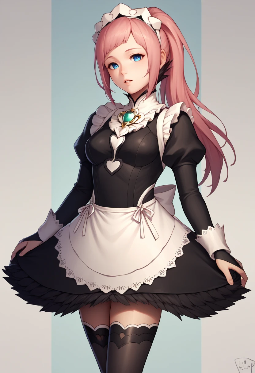 score_9, score_8_up, score_7_up, source_anime BREAK 1girl, solo, <lora:coffeslice-artist-richy-v1_pdxl:1> <lora:felicia-fe-richy-v1_xl:0.8> feliciadef, pink hair, ponytail, blue eyes, maid headdress, brooch, maid apron, black thighhighs, bridal gauntlets, breasts, looking at viewer, parted lips,