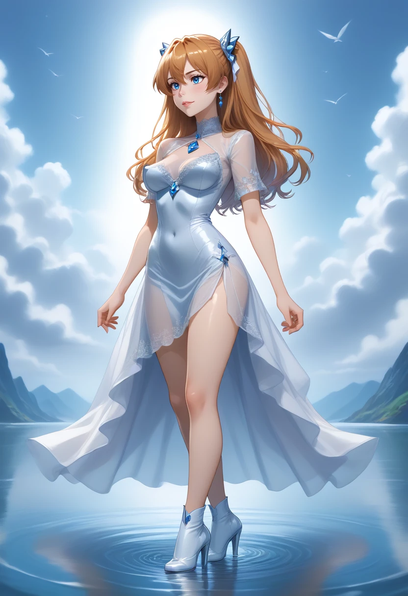 1girl, solo, full body, short sleeves, outdoors, clouds, high heels, covered navel, ass visible through thighs, blue sky, see-through, profile, lace-trimmed dress, bird, ocean, white footwear, cloudy sky, reflection, diamond \(gem\), horizon, glass slipper, ripples, see-through silhouette, standing on water, Asuka Langley, diamond dress, diamond earrings, diamond hair ornament, diamond bracelet, large breasts, swooping breasts, smile, blush <lora:SDXL_Hyper:1> <lora:Timm_Style_XL:0.8> <lora:breasts++-PD-swooping-1.0:1>  <lora:WAYGDLT:1>