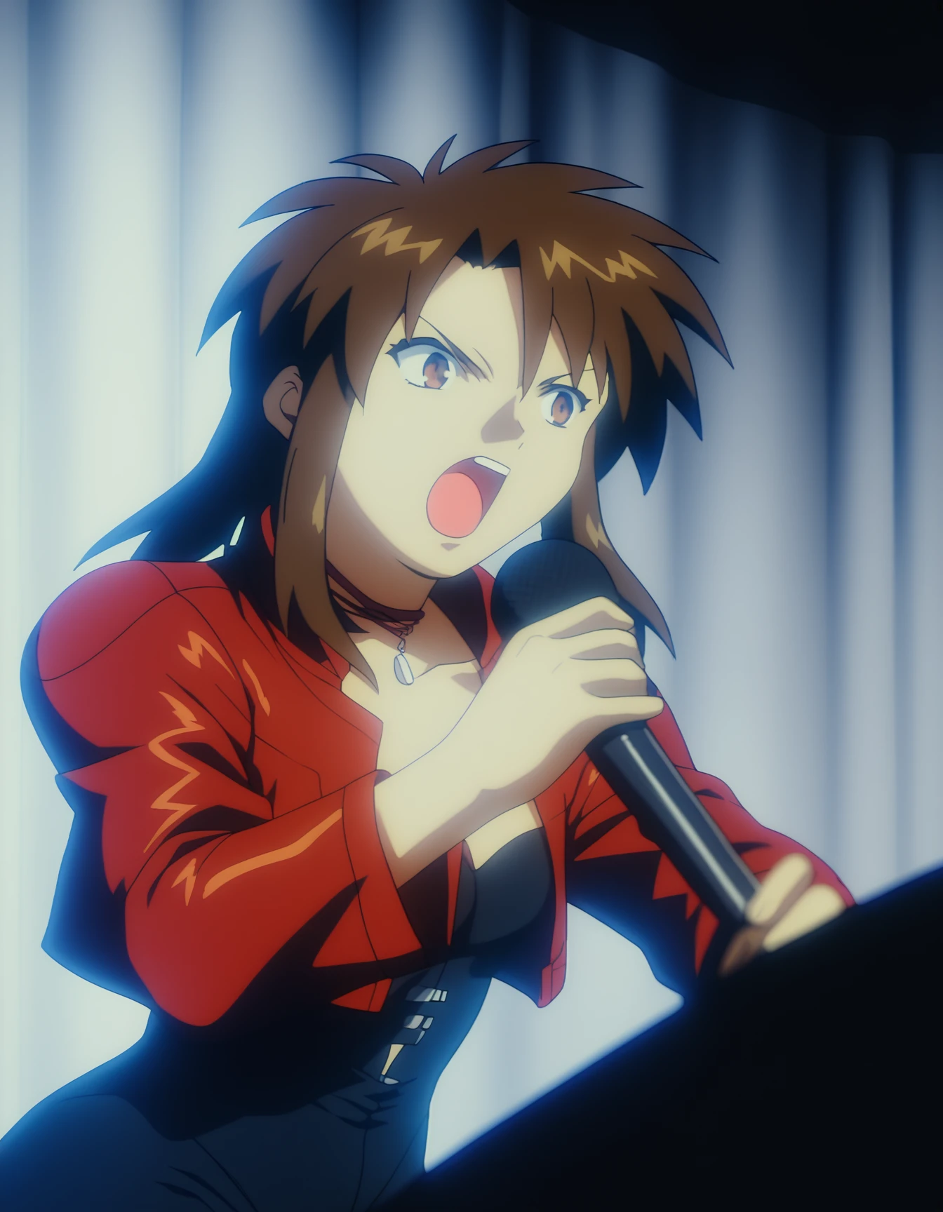 score_9,  score_8_up, score_7_up, source_anime, <lora:priss-v3-ponyxl-000005:1> priss, brown eyes, ribbon choker, cropped jacket, red jacket, bodysuit, microphone stand, microphone, singing, open mouth, indoors, stage, dim lighting, dark, night