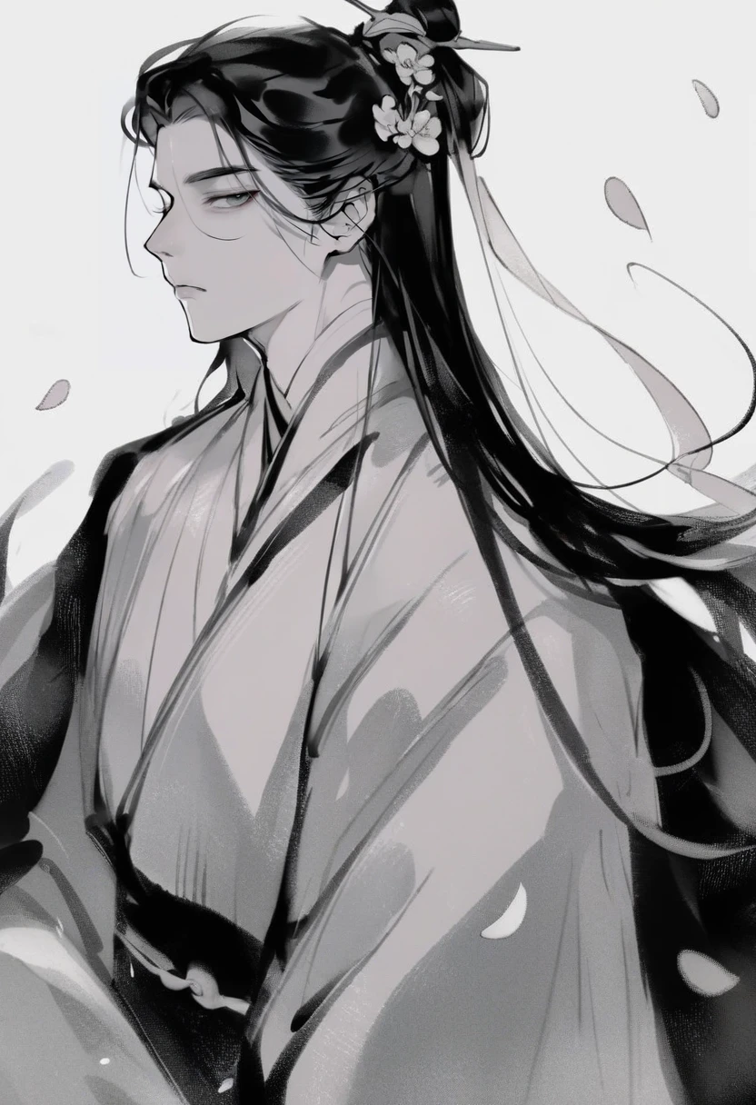 score_9, score_8_up, score_7_up, score_6_up, <lora:InkXL_P6_lokr_V43P1:0.95> monochrome, male focus, 1boy, long hair, chinese clothes, solo, hanfu, wide sleeves, looking at viewer, long sleeves, upper body, hair ornament, closed mouth, petals, flower, expressionless, white background, hair bun, simple background, single hair bun