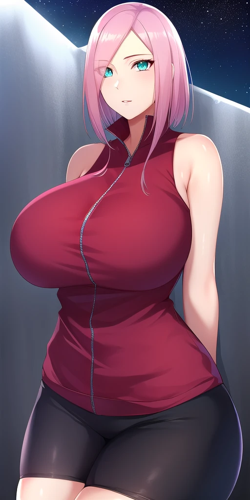 <lora:HarunoSakuraV4:0.7> huge_breasts, harusakumature, standing, solo, arms_behind_back, starry_sky,  red_sleeveless_shirt_zipper_black_bike_shorts_elbow_sleeve_overskirt, masterpiece, best_quality, detailed_face, detailed_eyes, highres, beautiful, detailed, absurdres,