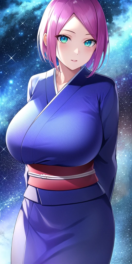 <lora:HarunoSakuraV5:0.7> huge_breasts, harusakumature, standing, solo, arms_behind_back, starry_sky,  kimono, masterpiece, best_quality, detailed_face, detailed_eyes, highres, beautiful, detailed, absurdres,