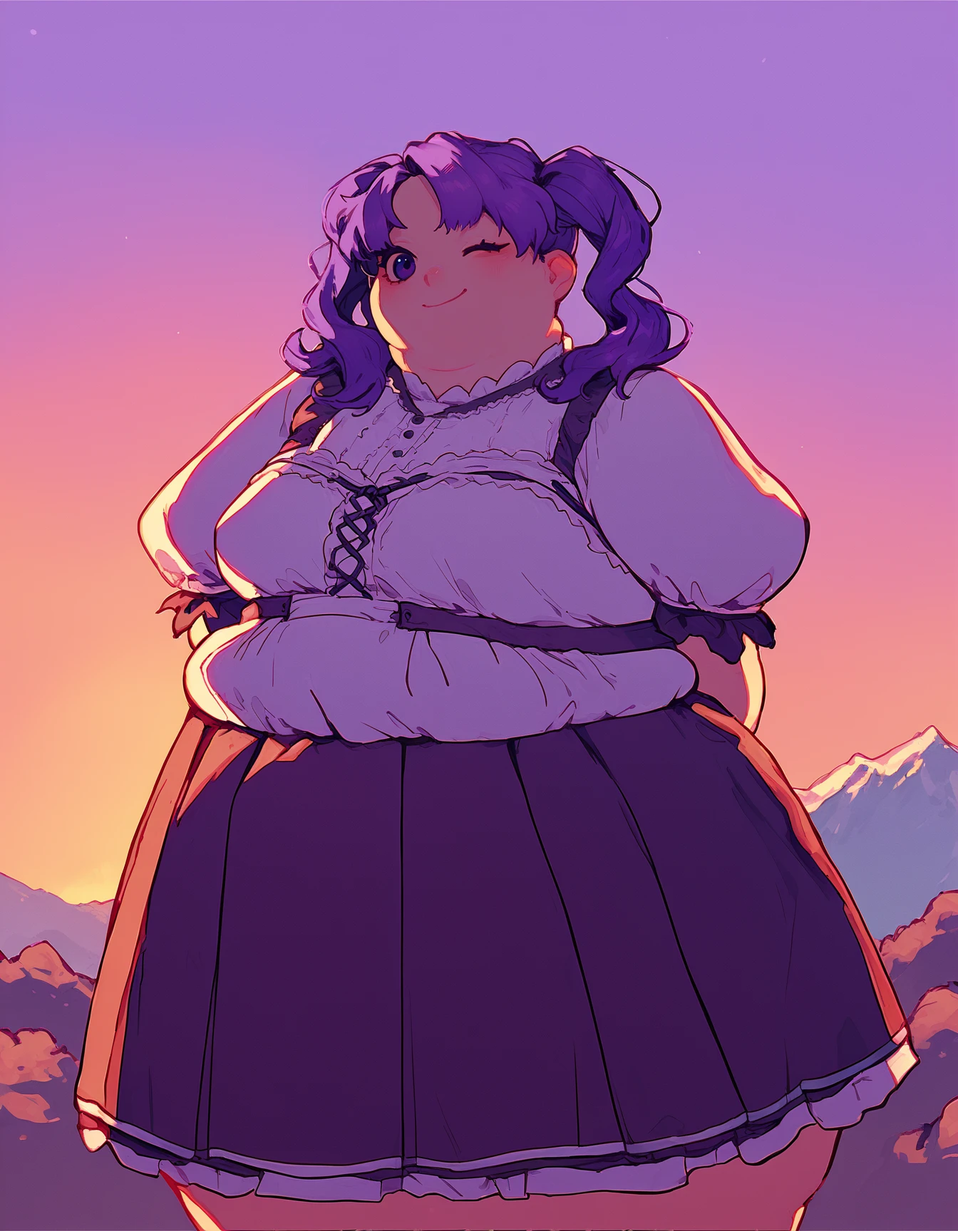 source_anime, score_9, score_8_up, score_7_up,
<lora:SyMix_Pony_v05_ep24:1> 1girl, solo, fat, arms behind back, purple hair, twintails, skirt, pleated skirt, dirndl, juliet sleeves, one eye closed, smile, outdoors, golden hour, sunset, mountainous horizon, dot nose