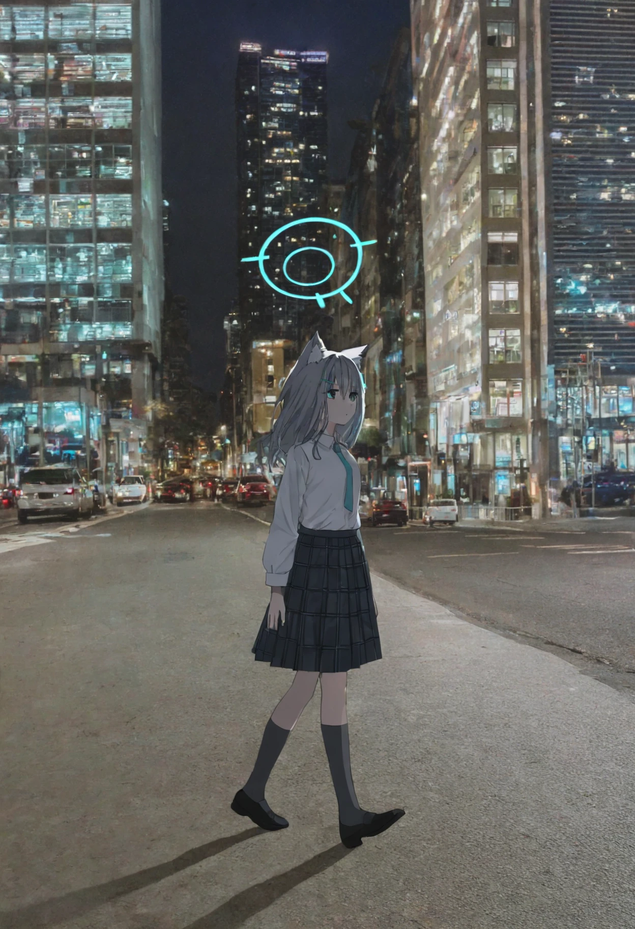 1girl, solo, shiroko \(blue archive\), white shirt, walking, street, city, outdoors, dark, photo background, <lora:Y_XNight:0.6>