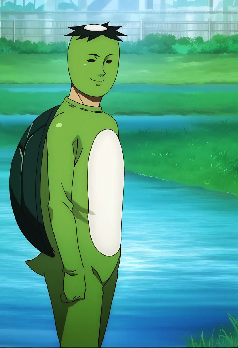 score_9, score_8_up, score_7_up, source_anime, rating_safe, Mayorkawa, 1boy, male focus, anime screencap, green kappa bodysuit, turtle shell, smile, standing-posing, outdoors blurry river, water, welcome to the beautiful Arakawa river