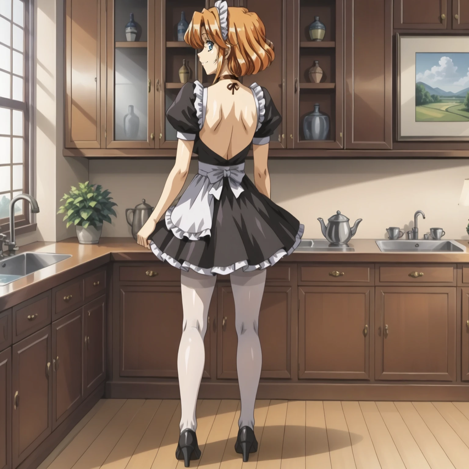 <lora:FI_AineXLpony002>,
smile,
solo,
Aine,1girl,orange hair,middle hair,sidelocks,blue eyes,
large breasts,
maid headdress,
choker,
maid,
white_pantyhose,
indoors,
full body,standing,looking back,