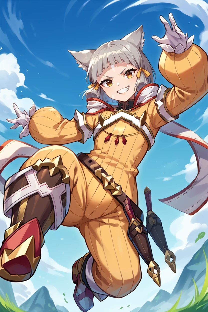 score_9, score_8_up, score_7_up, score_6_up, source_anime BREAK 1girl, solo <lora:nia-pdxl-nvwls-v1-000006:1> xc2Nia, cat ears, grey hair, short hair, blunt bangs, facial mark, hair ribbon, yellow bodysuit, long sleeves, belt, white gloves, boots, jumping, from below, dynamic pose, looking at you, smirk, blue sky