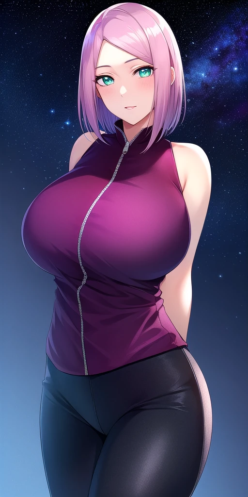 <lora:HarunoSakuraV4:0.7> huge_breasts, harusakumature, standing, solo, arms_behind_back, starry_sky,  red_sleeveless_shirt_zipper_black_bike_shorts_elbow_sleeve_overskirt, masterpiece, best_quality, detailed_face, detailed_eyes, highres, beautiful, detailed, absurdres,