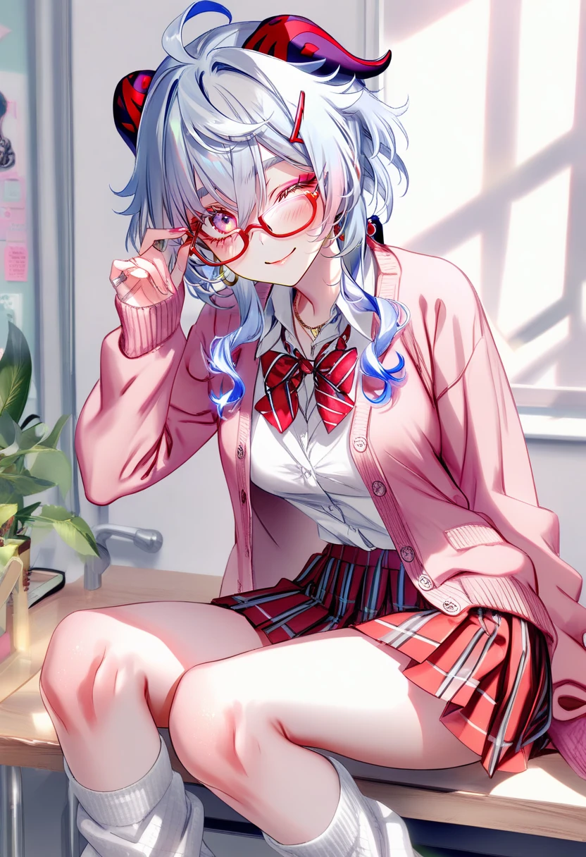 1girl, adjusting eyewear, bespectacled, cardigan, earrings, glasses, gyaru, hair ornament, hair scrunchie, hairclip, hoop earrings, jewelry, kogal, long sleeves, looking at viewer, loose bowtie, loose socks, necklace, one eye closed, open mouth, pink cardigan, pleated skirt, ponytail, red bow, red skirt, school uniform, scrunchie, shirt, sidelocks, smile, solo, white socks, slight blush, ganyu, genshin impact, alternate costume, sitting, sparkles, â¨, by pottsness, pastel