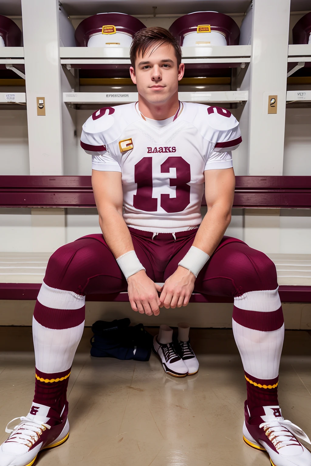 locker room, sitting on a bench, in front of lockers, slightly smiling, JedAthens is an (American football player), wearing (football uniform:1.3), (white jersey:1.3), white (shoulder pads), jersey number 13, (maroon football pants:1.4), (white socks:1.3), plain socks, long socks, (black sneakers:1.3), (((full body portrait))), wide angle  <lora:JedAthens:0.8>