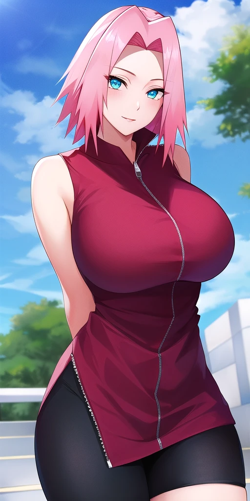 <lora:HarunoSakuraV5:0.7> huge_breasts, harusakushippuden, standing, solo, arms_behind_back, starry_sky,  red_sleeveless_shirt_zipper_black_bike_shorts_elbow_sleeve_overskirt, masterpiece, best_quality, detailed_face, detailed_eyes, highres, beautiful, detailed, absurdres,