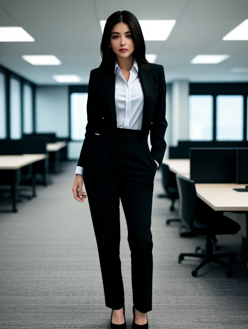 full body shot of business photo of Zeydcarey,<lora:Zeydcarey:1>,, pants, black attire, big breasts, collared shirt, tucked shirt. Professional attire, workplace setting, confident. Whole outfit, clear, sharp, balanced<lora:lcm-lora-sd15:1.0>