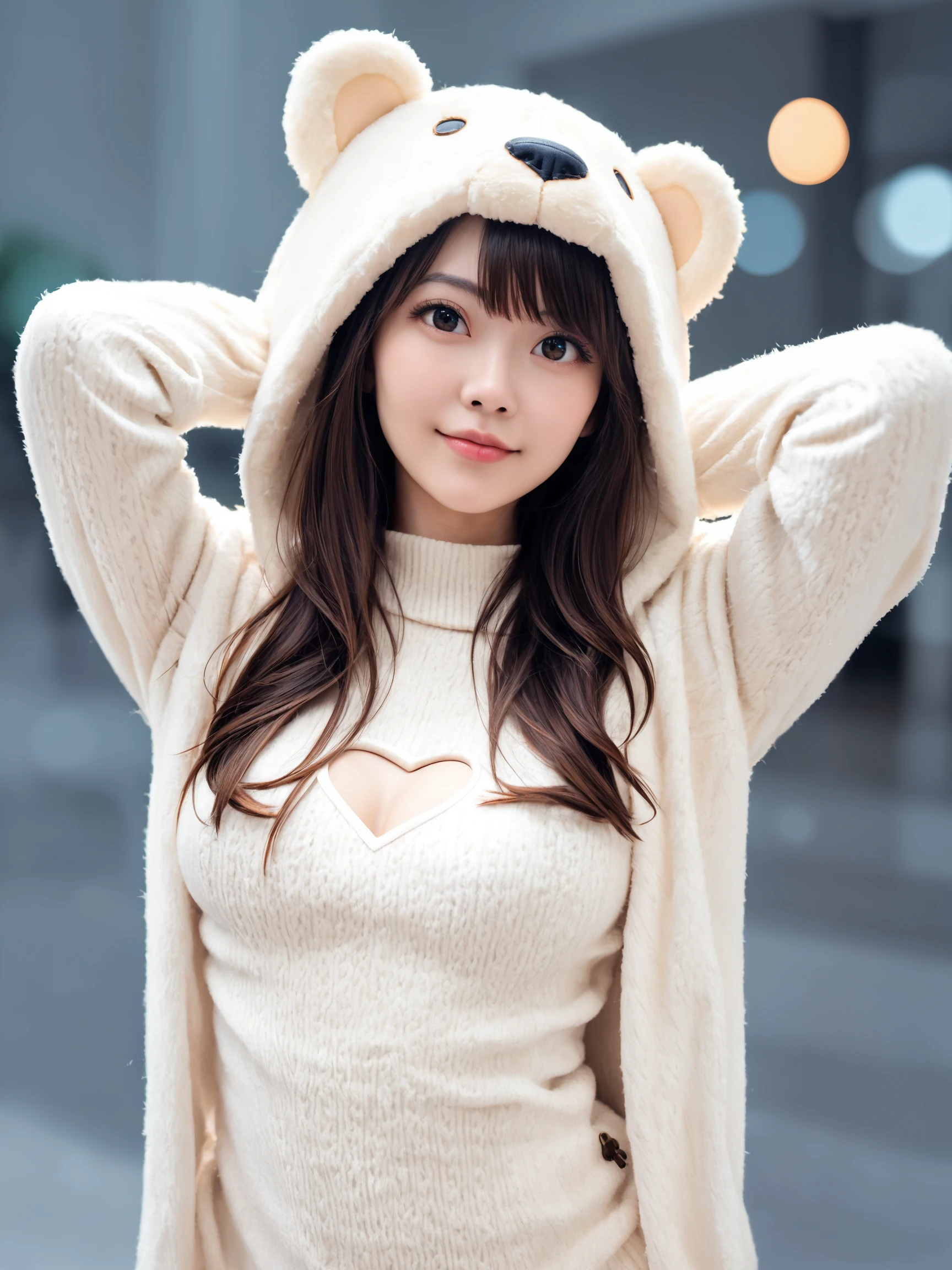 score_9, score_8_up, score_7_up,
best quality, masterpiece, realism, realistic, long sweater fursuit with bear costume, hands behind the head, breasts cutout,
analogue photo of adult girl in costume, looking at viewer, long hair, extremely beautiful detailed face, medium breasts, (cute face, temptations look), eye level,
professional photo, high contrast exposure, soft bokeh, high key light, hard shadow, soft bokeh, playful theme,