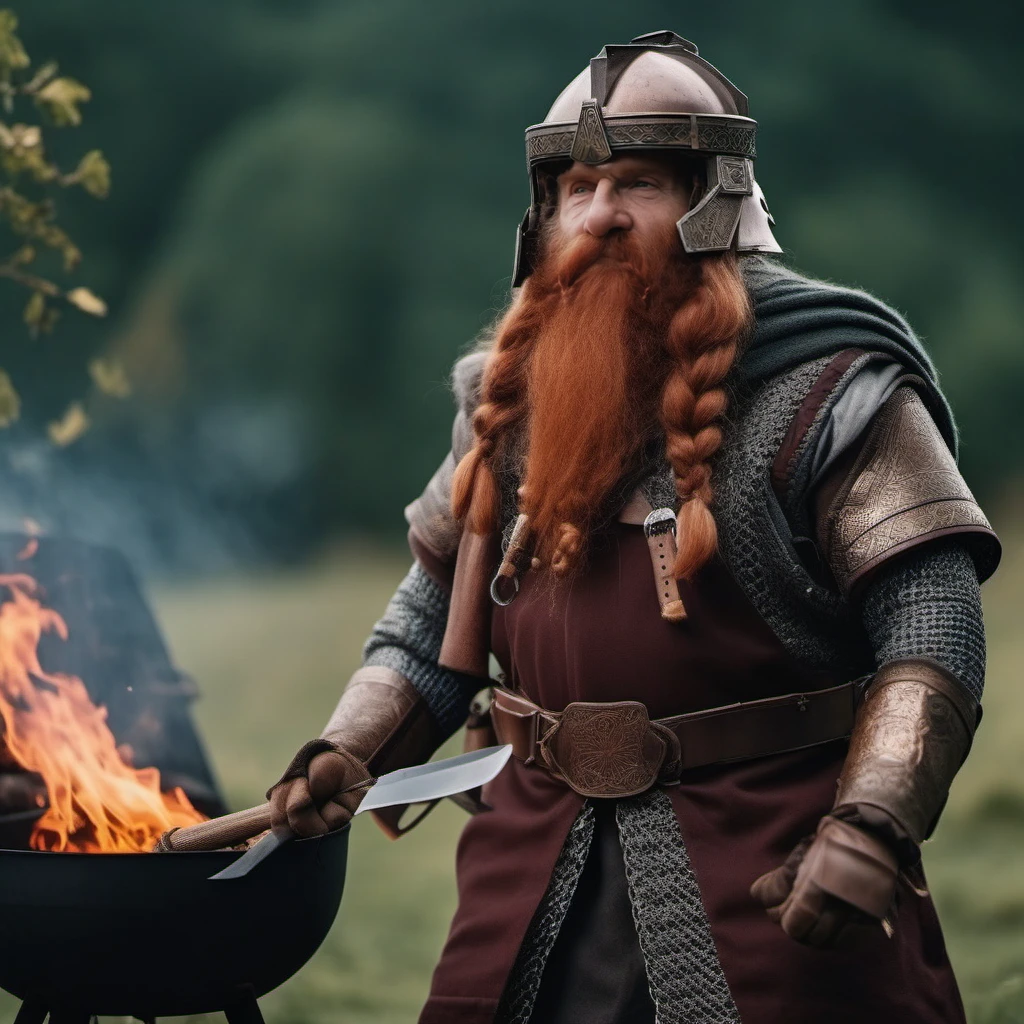 cinematic photo a full body portrait old man, redhead, helmet, braids, armor, facial hair,  belt,shoulder armor, wrinkled skin, coocking saussages on a barbecue <lora:Gimli1024:0.8> . 35mm photograph, film, bokeh, professional, 4k, highly detailed