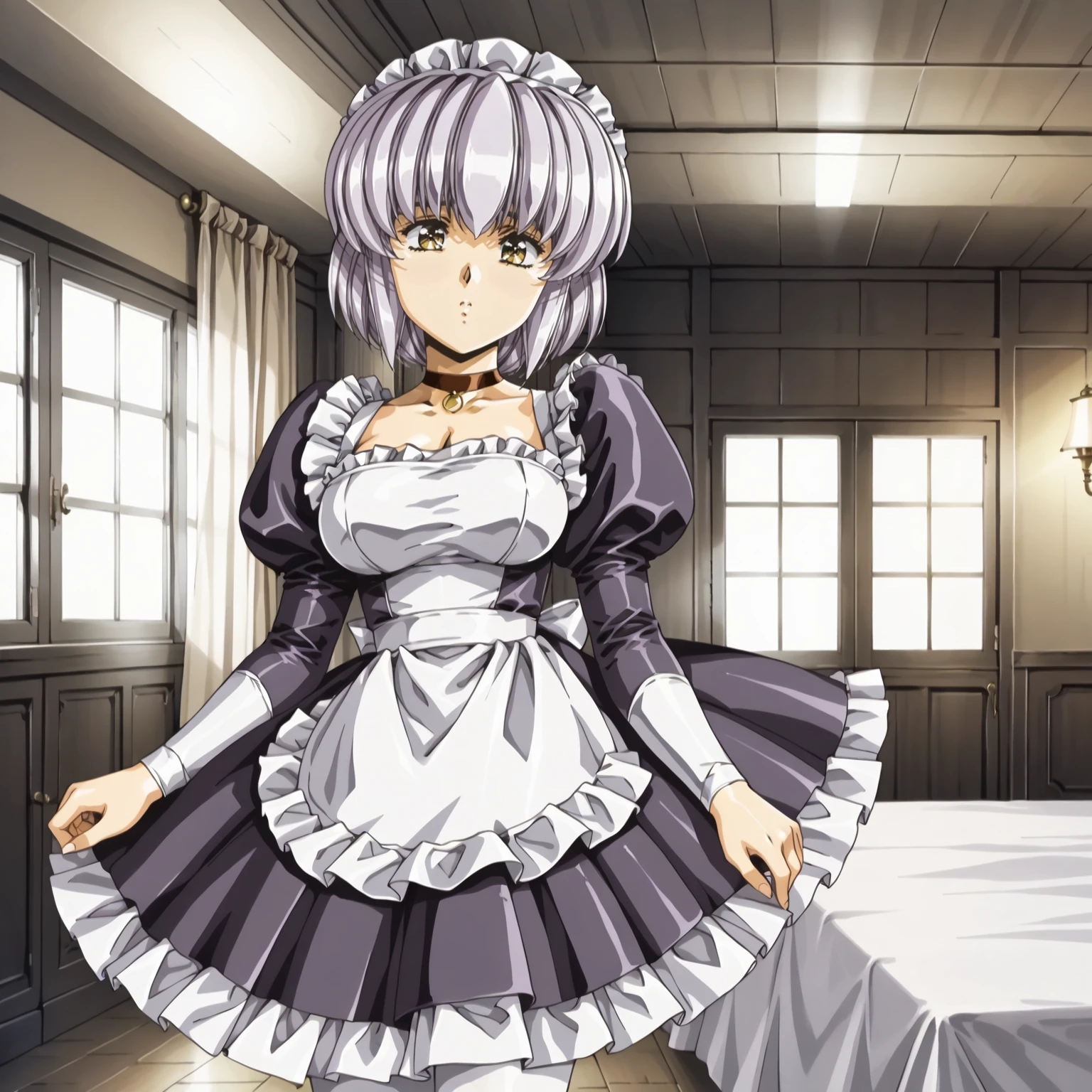 <lora:FI_SophiaXLpony002>,
solo,
Sophia,1girl,light purple hair,short hair,sidelocks,yellow eyes,
large breasts,
maid headdress,
choker,
maid,
white_pantyhose,
indoors,