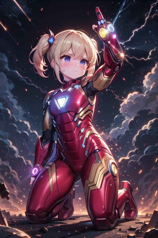 ((upper body)), ((nano gauntlet)), ((Infinity stones)), ((mechanical pointing up)), fist, arm up, raise arm, floating hair, crying, sad, tears, frown, angry, sky, fire, wind, dust, dark, steam, ember, night, cloud, marvel, avengers, endgame, battlefield, crowd, iron girl, big breasts, sexy body, kneeling, blonde twintails, <lora:girlhatenanogauntlet:0.9>